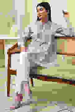 Ice Blue Cotton Floral Flared Short Kurta image number 5