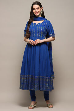 Blue Cotton Blend Anarkali Kurta Churidar Suit Set image number 7