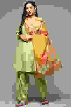 Green Cotton Blend A-Line Kurta Salwar Suit Set image number 5