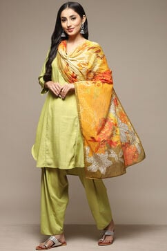 Green Cotton Blend A-Line Kurta Salwar Suit Set image number 5