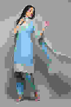 Powder Blue Polyester Straight Kurta Salwar Suit Set image number 7