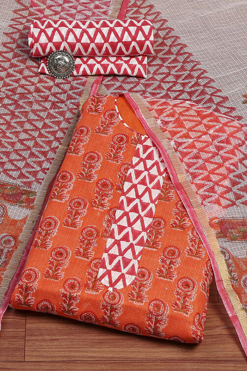 Yellow Cotton Hand Block Print Unstitched Suit Set image number 0