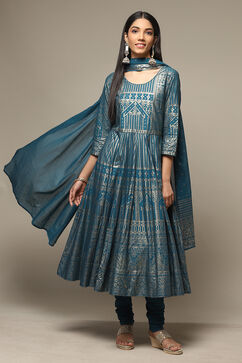 Teal Cotton Anarkali Kurta Churidar Suit Set image number 0