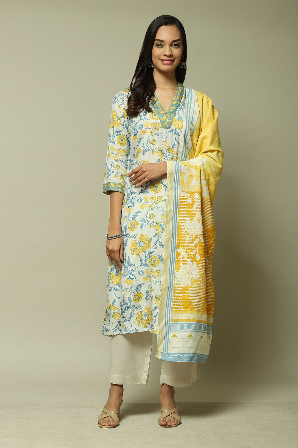 Yellow Cotton A-Line Kurta Palazzo Suit Set image number 1