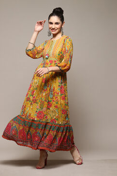 Yellow Polyester Tiered Printed Dress image number 2