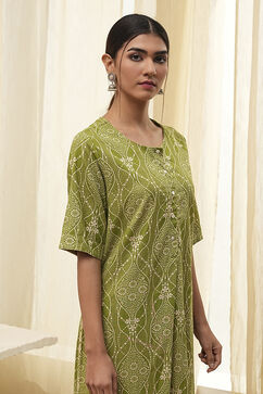 Lime Green and Beige Printed Straight Kurta Set image number 1