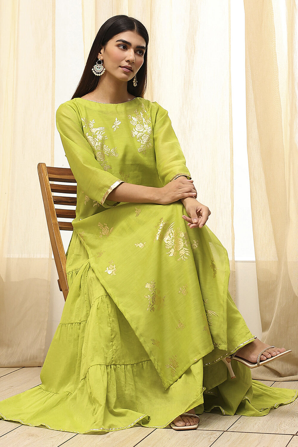 Green Poly Chanderi Layered Tiered Dress image number 1