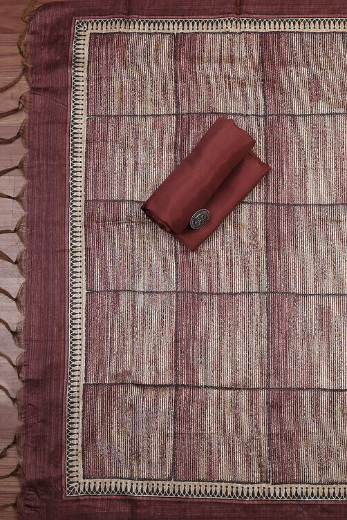 Wine Silk Blend Printed Embroidered Unstitched Suit Set image number 3