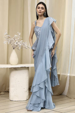 Ice Blue Nylon Saree image number 6