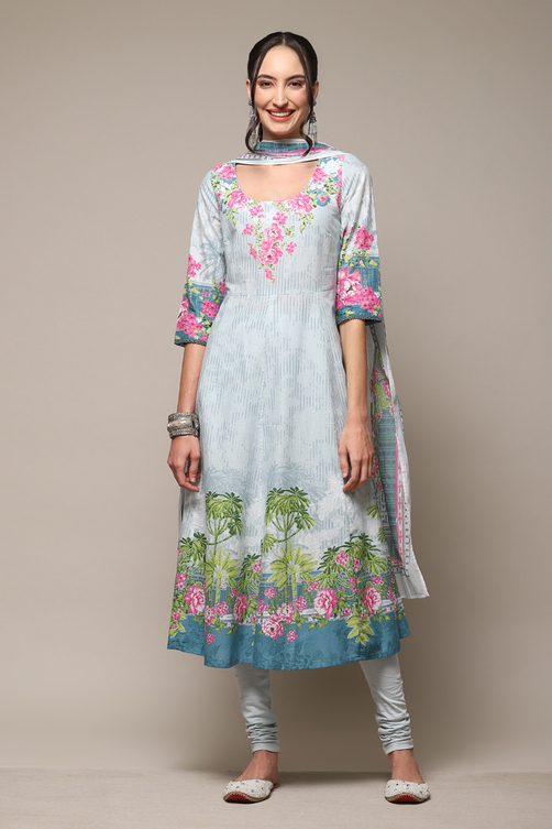 Powder Blue Cotton Anarkali Suit Set image number 7