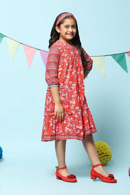 Red Cotton Tiered Printed Dress image number 3
