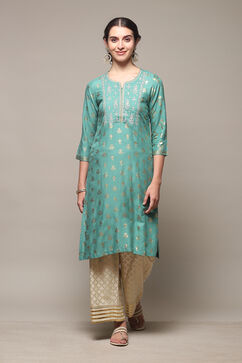 Green Rayon Straight Kurta Palazzo Suit Set image number 6