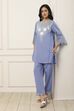 Blue Cotton Embroidered Cutwork Straight Suit Set