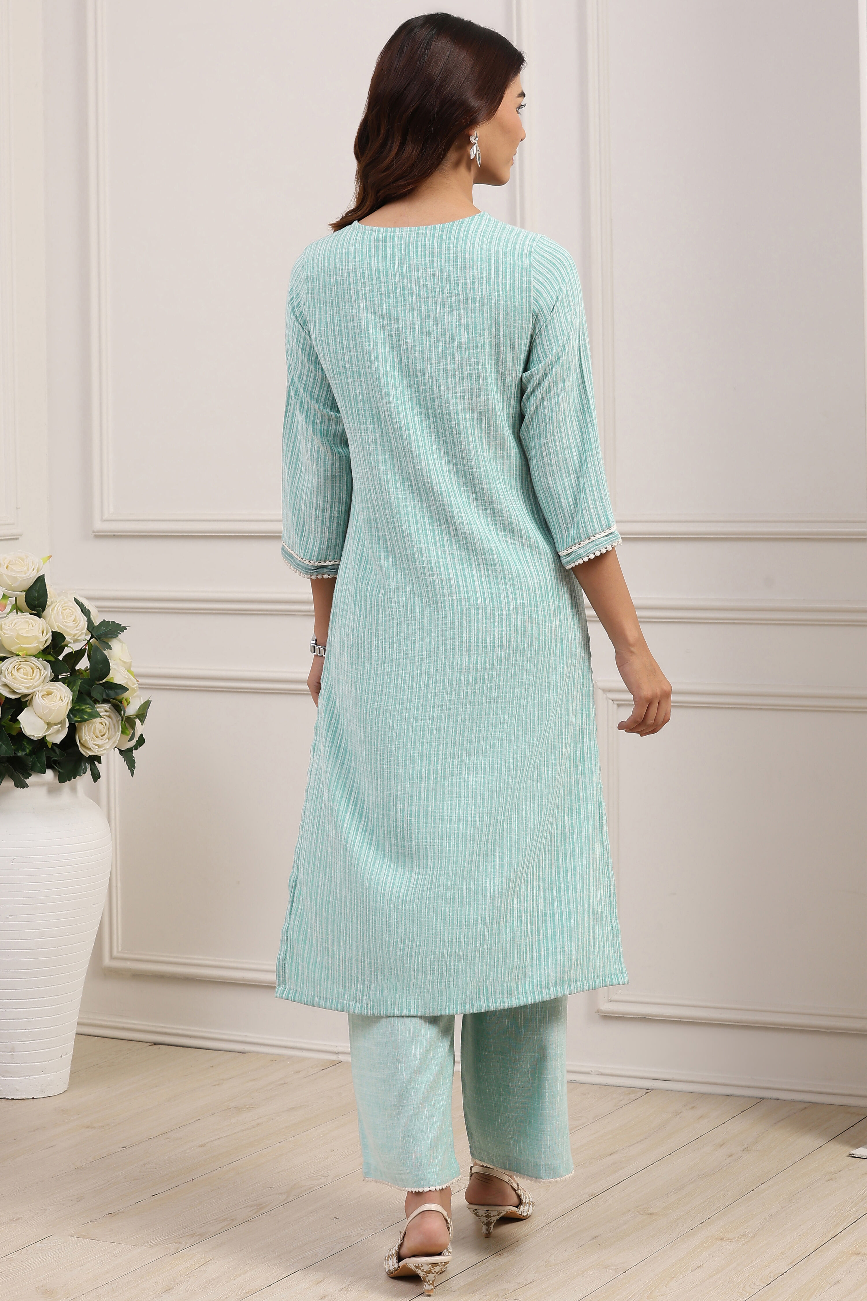 Turquoise Polyester Yarndyed Straight Suit Set image number 4