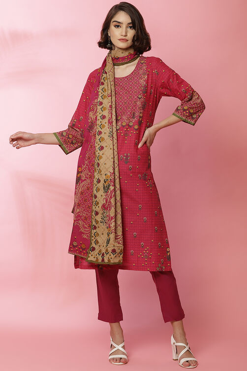 Fuchsia Cotton Straight Suit With Reversible Dupatta image number 0