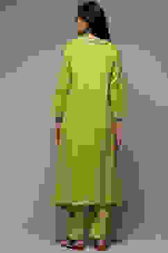 Lime Green Rayon Asymmetric Kurta Pants 2 Piece Set image number 2