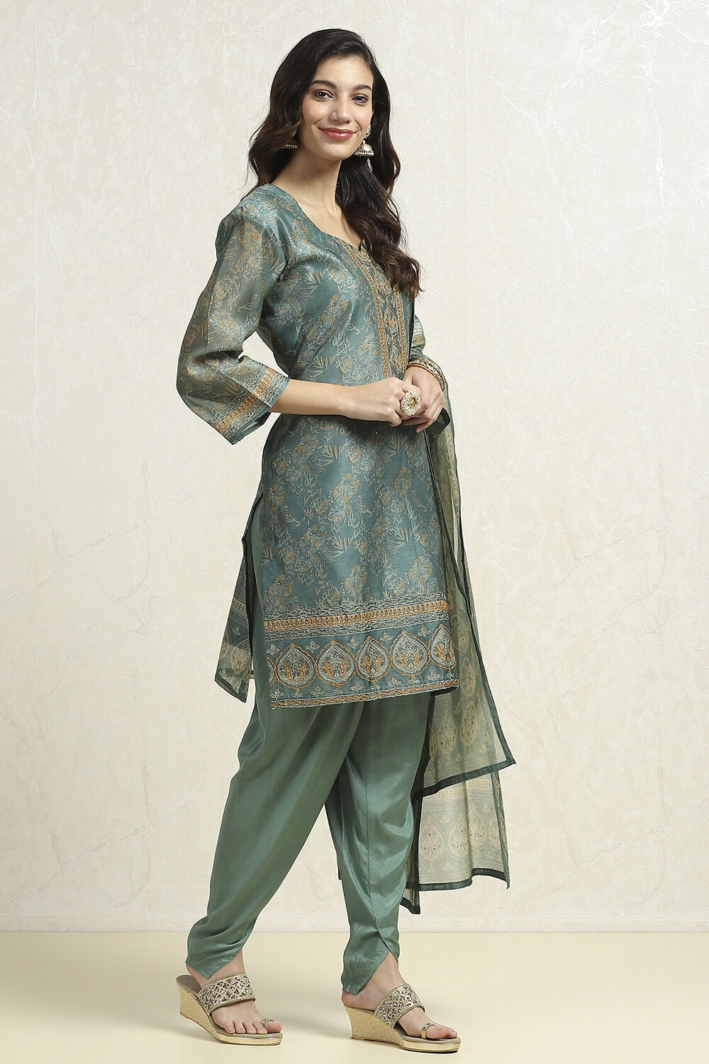 Grey Chanderi Printed Unstitched Suit Set image number 6