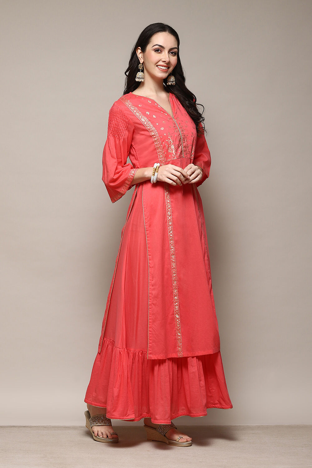 Green Cotton Flared Printed Kurta image number 5