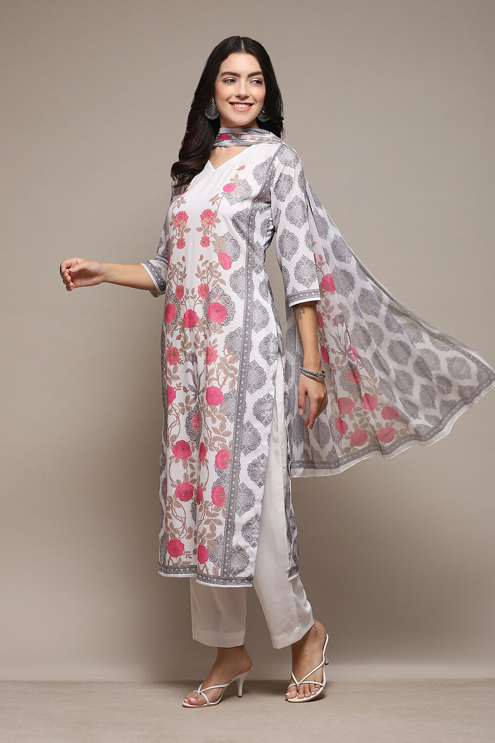 White Silk Blend Digital Print Unstitched Suit Set image number 5