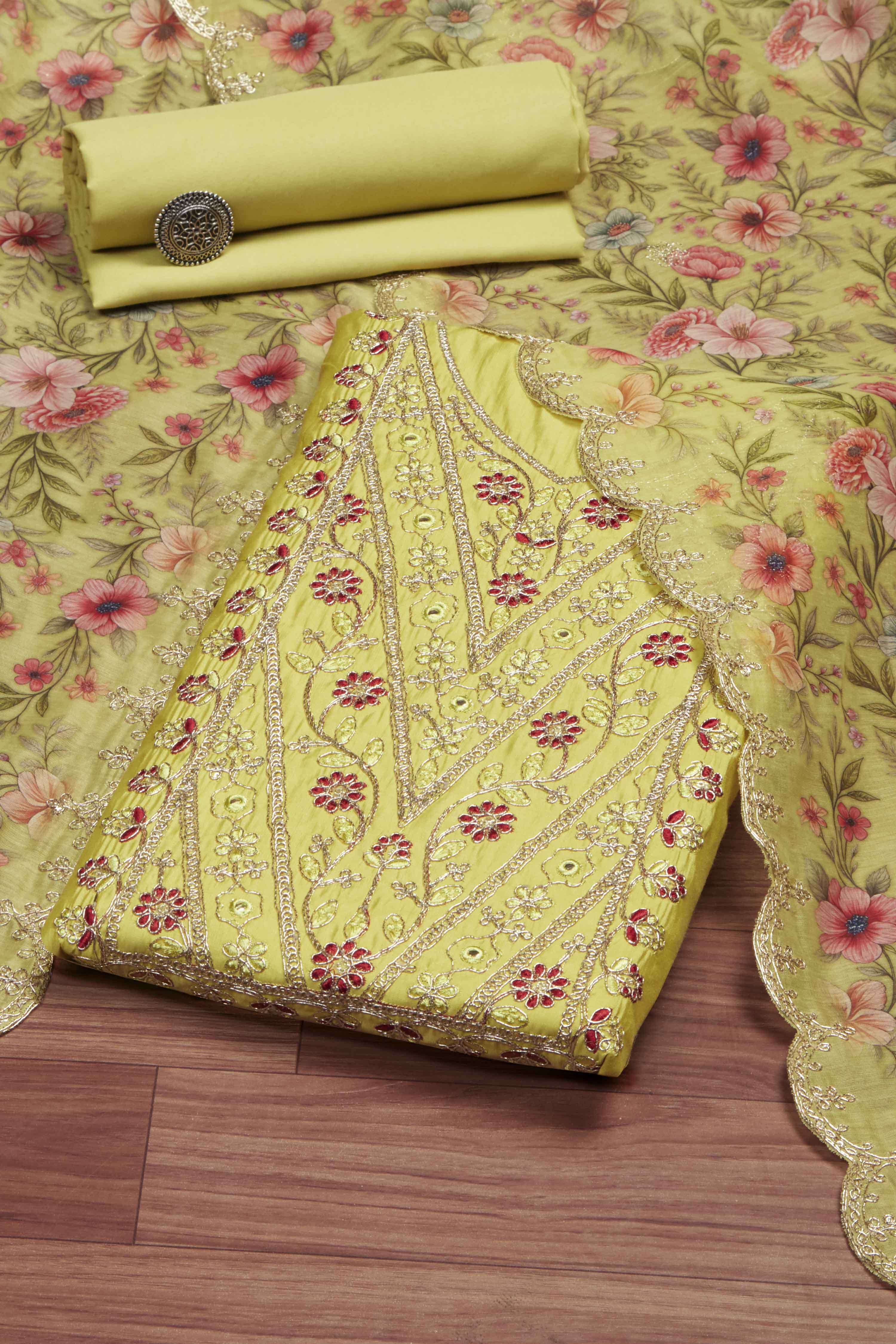 Teal Chanderi Unstitched Suit Set image number 0