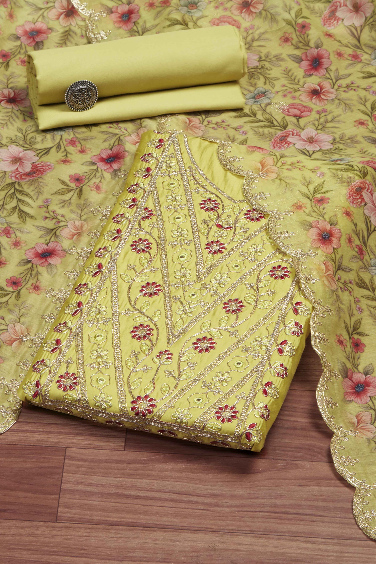 Yellow Chanderi Unstitched Suit Set