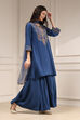 Navy Blue Embroidered Straight Suit Set image number 2