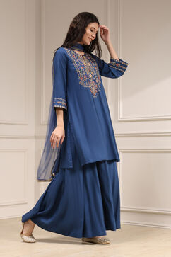 Navy Blue Embroidered Straight Suit Set image number 2