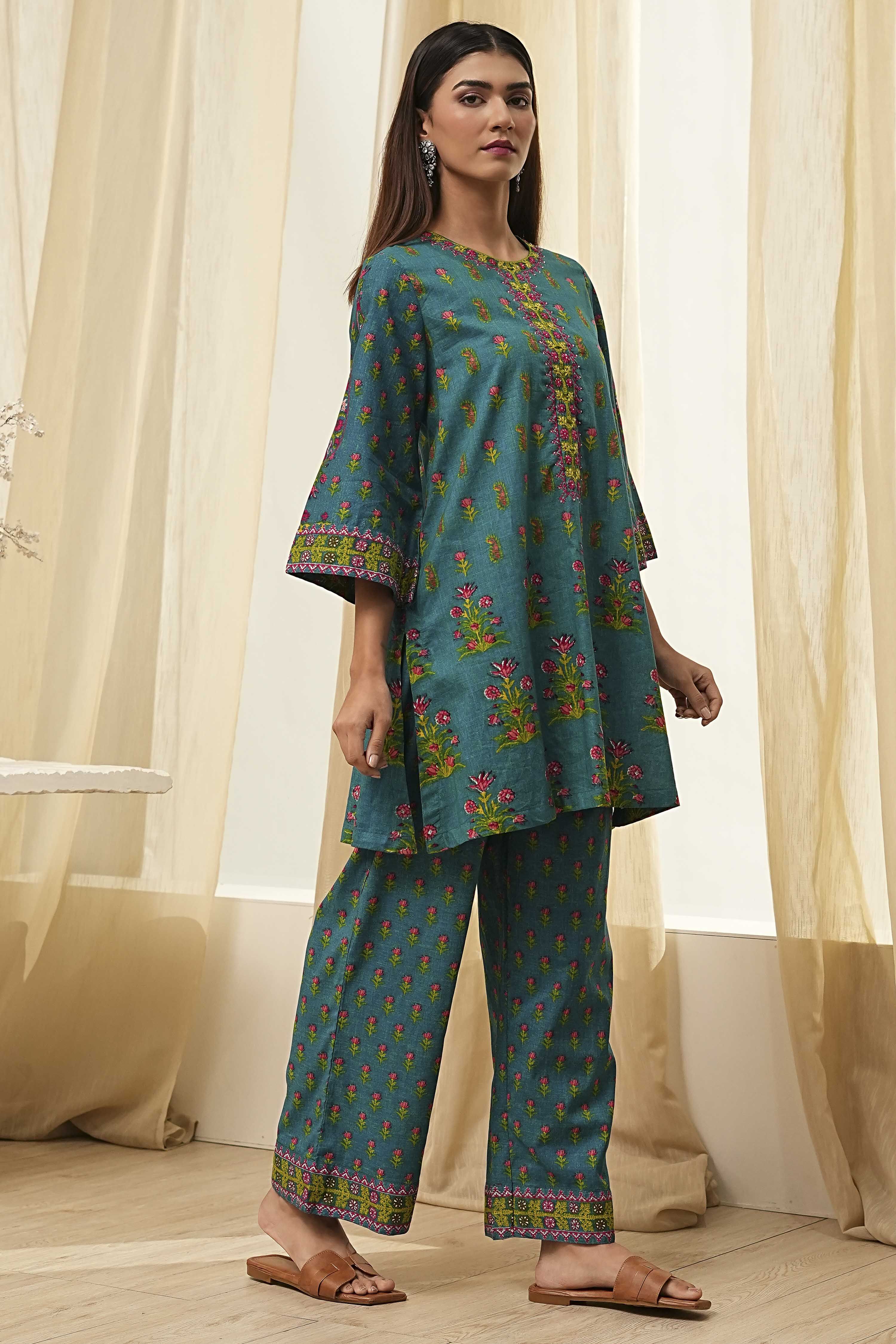 Teal Cotton Printed Straight Kurta Set image number 5