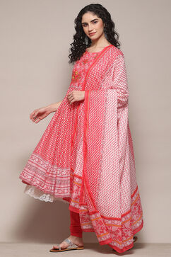 White Pink Cotton Anarkali Printed Kurta Churidar Suit Set image number 4