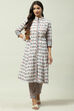 White Printed Cotton A-Line Kurta Slim Pant Suit Set image number 0