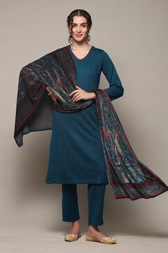 Peacock Blue Acrylic Straight Kurta Pant Suit Set image number 0