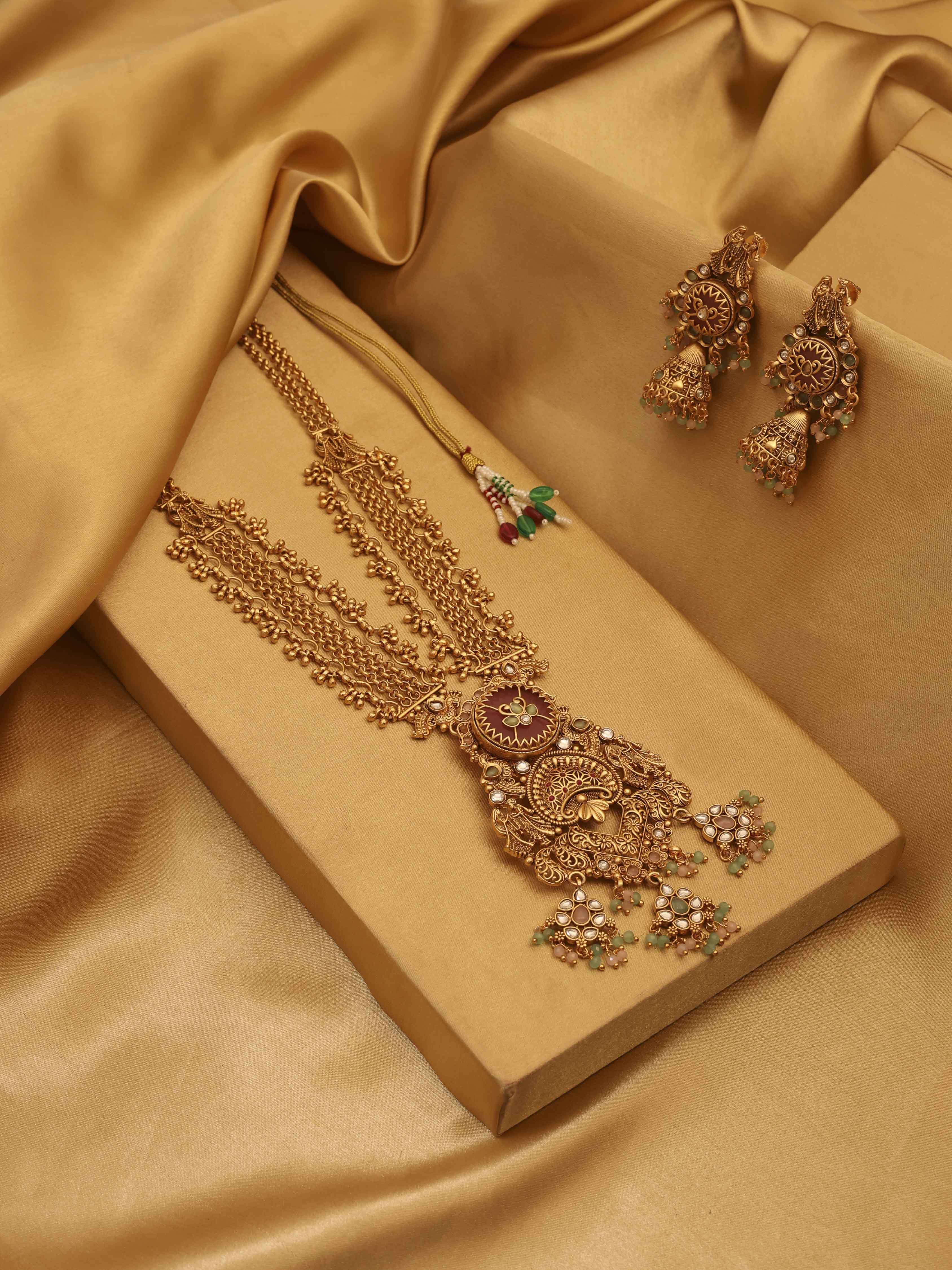 Gold Plated Brass Long Pendant Necklace Set image number 0