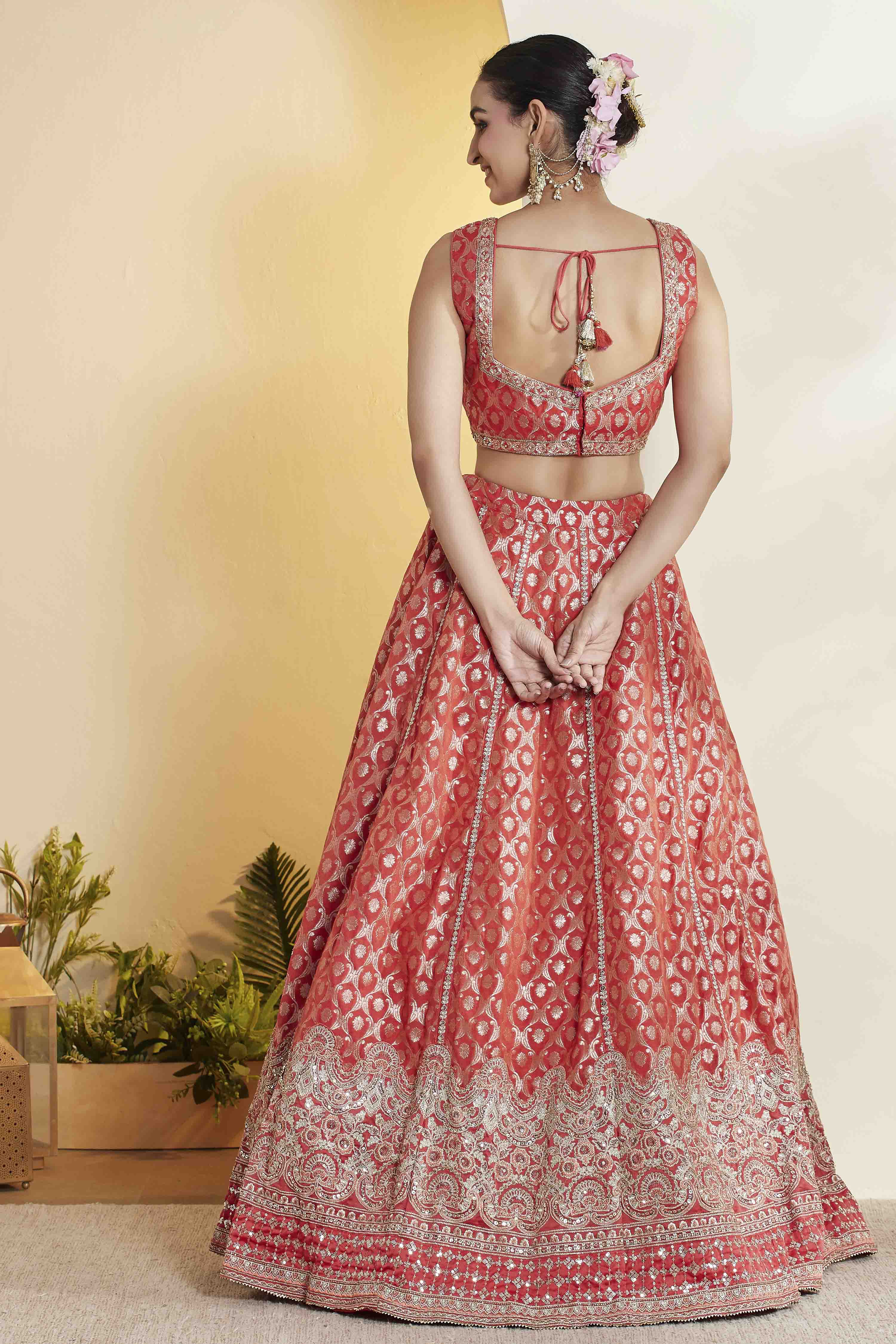 Coral Embroidered Silk Kalidar Lehenga Set image number 6
