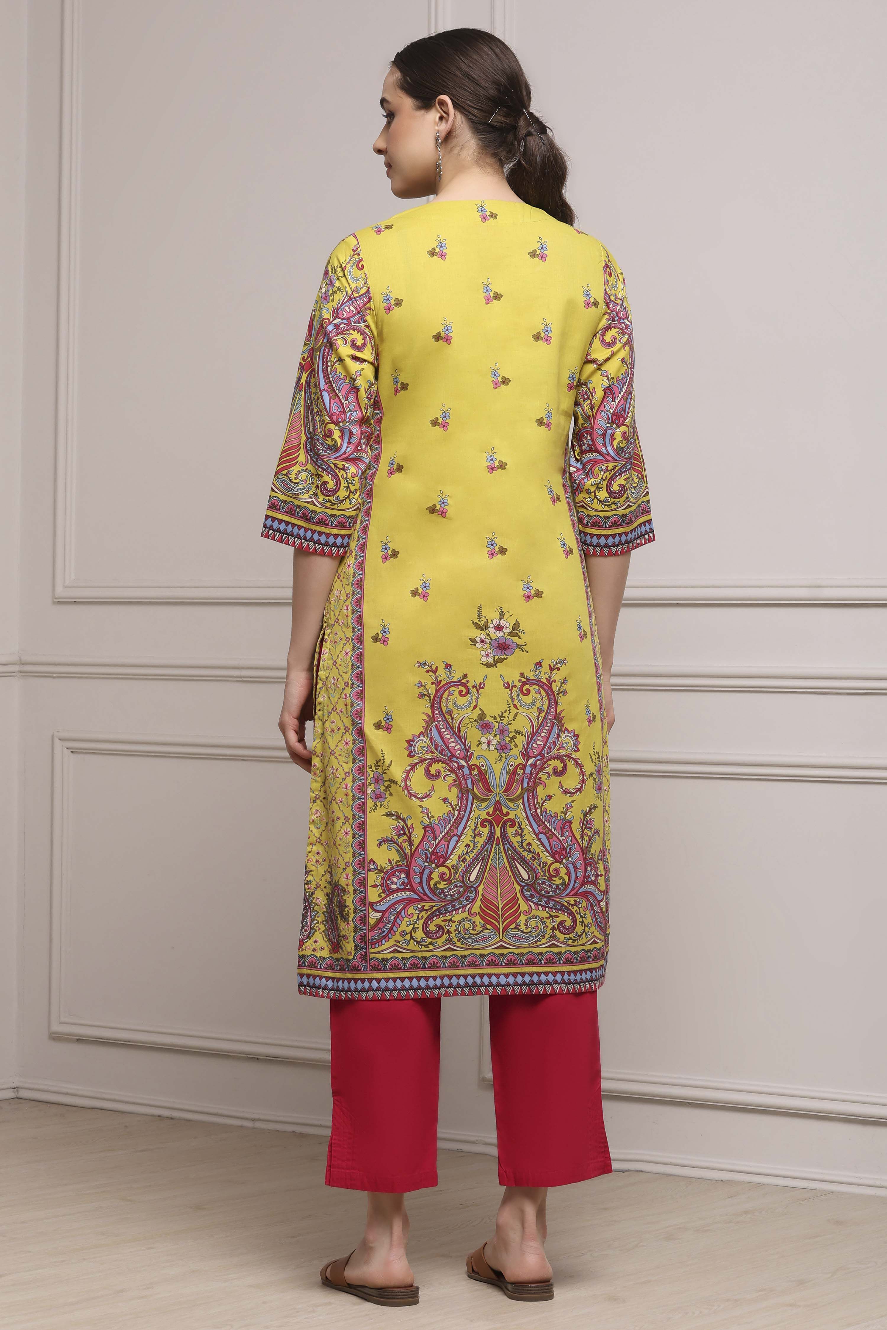 Green Cotton Printed Straight Kurta image number 3