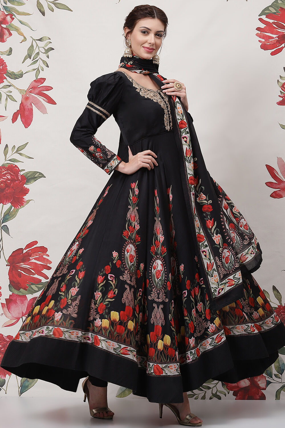 Rohit Bal Black Cotton Silk Anarkali Printed Suit Set image number 6