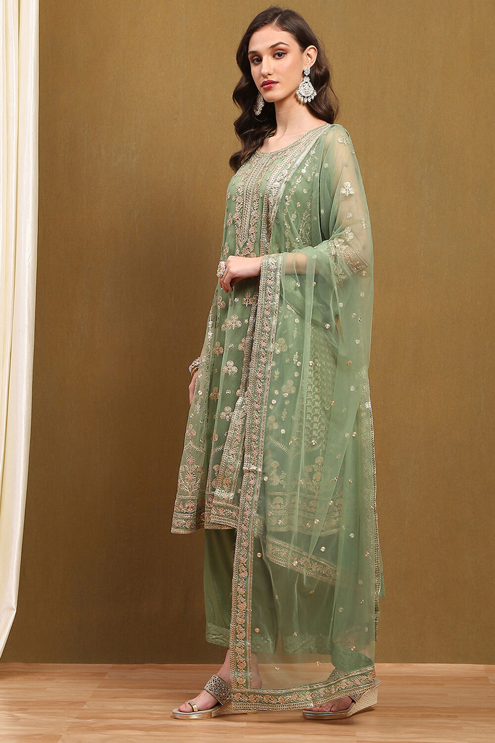 Green Net Embroidered Festive Kalidar Suit Set image number 3