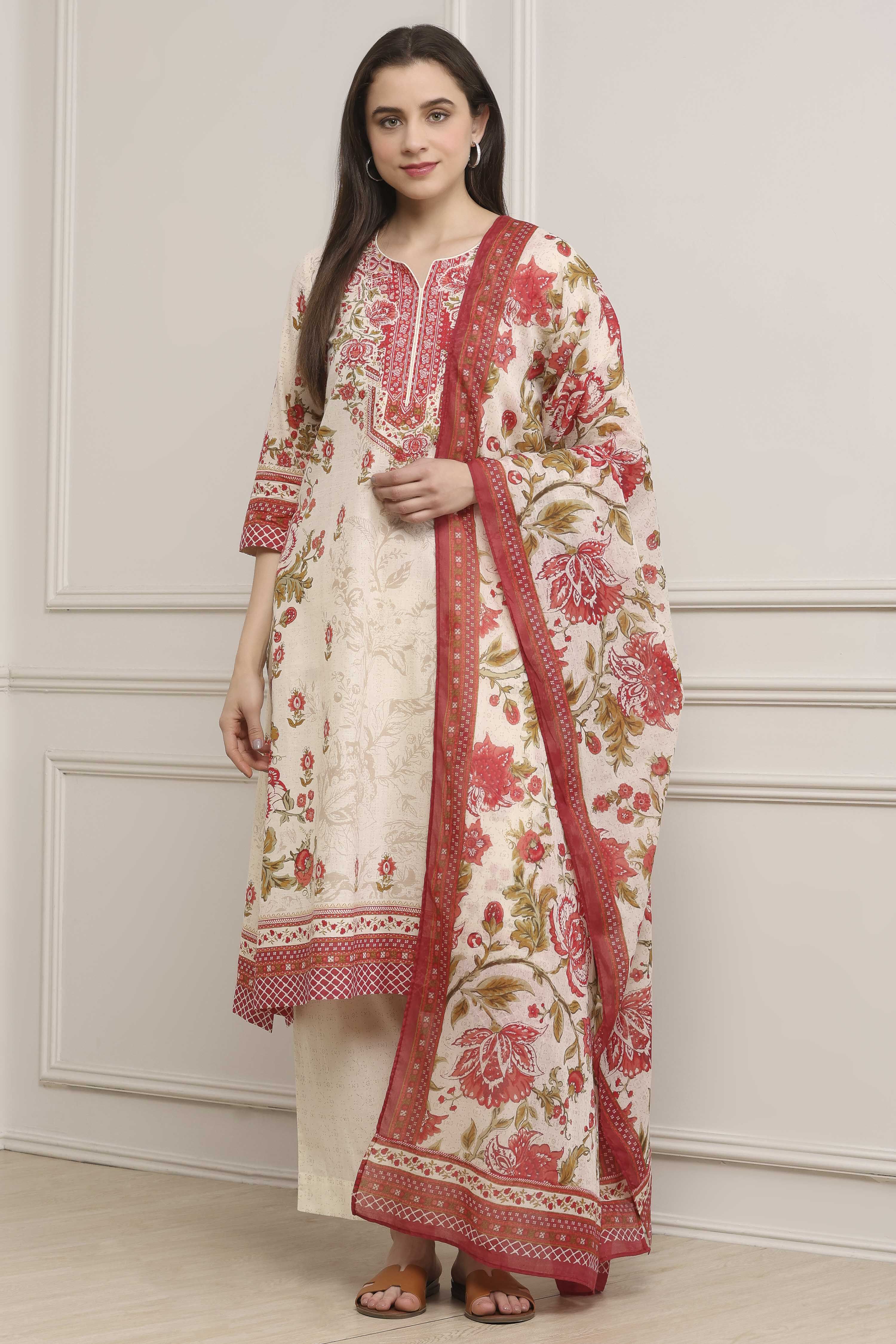 Off-White Cotton Floral Printed Straight Suit Set image number 0