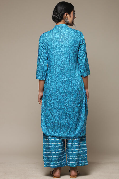 Teal Cotton Straight Kurta Palazzo Suit Set image number 4