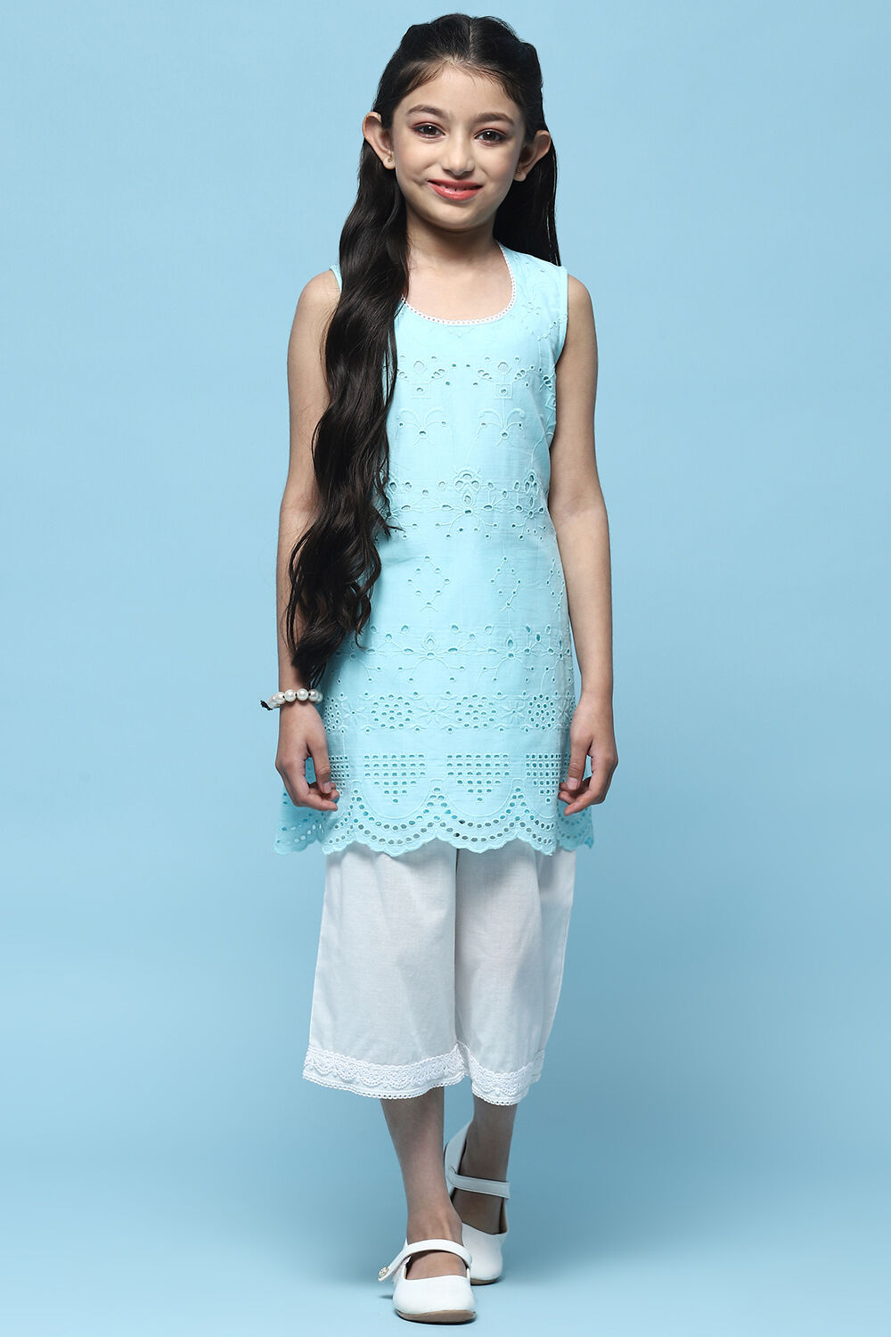 Sky Blue Schiffli Cotton Kurta & Palazzo image number 5