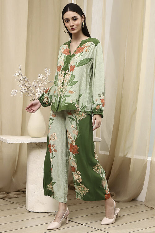 Green Viscose Blend Straight Printed Fusion Set image number 3