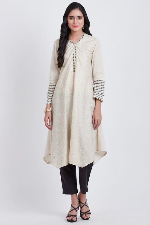 Off White Cotton Flax A-Line Printed Kurta image number 0