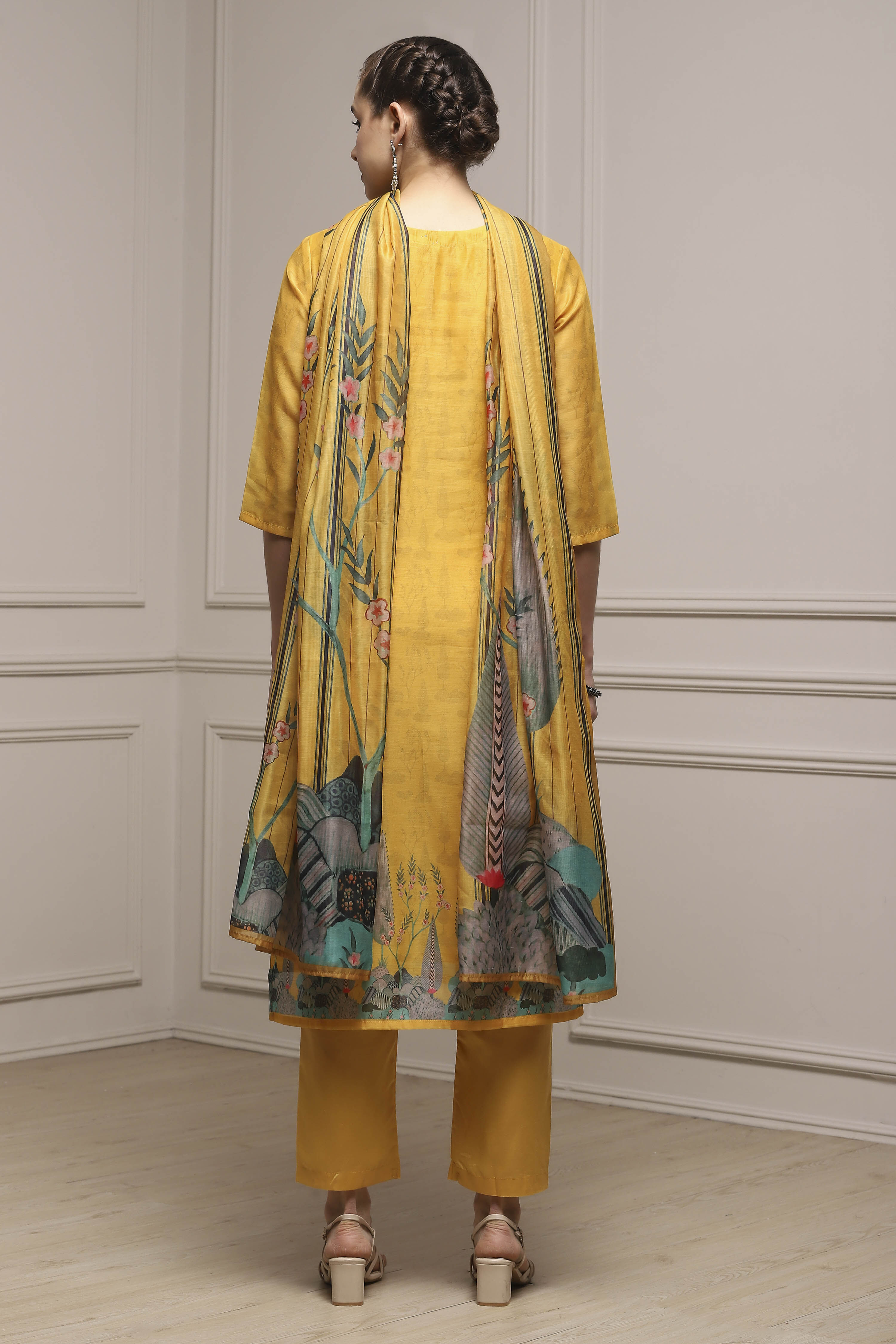 Yellow Chanderi Blend Printed Embroidered Unstitched Suit Set image number 5