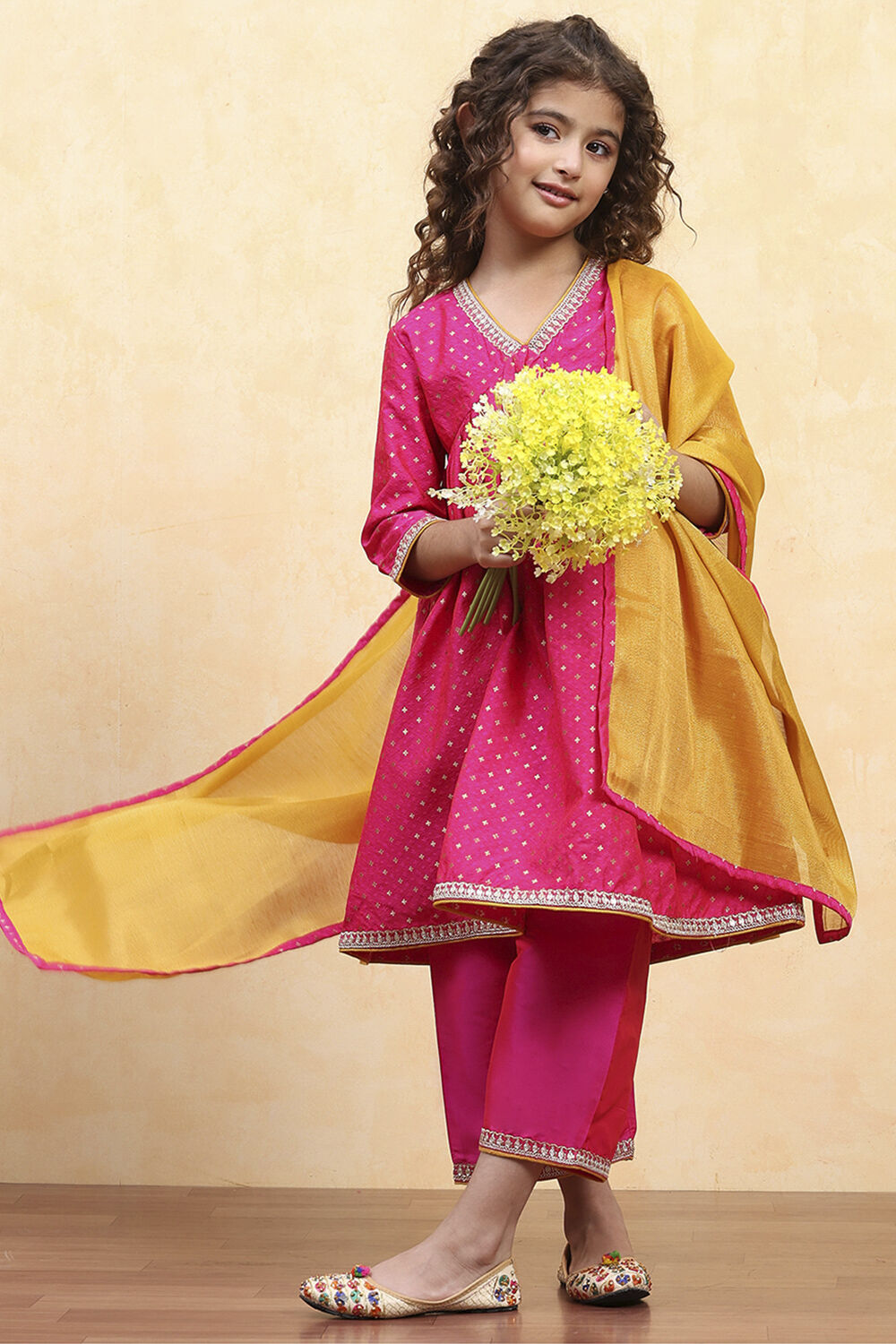 Pink Polyester Yarndyed Gathered Suit Set image number 0