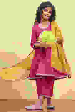 Pink Polyester Yarndyed Gathered Suit Set image number 0