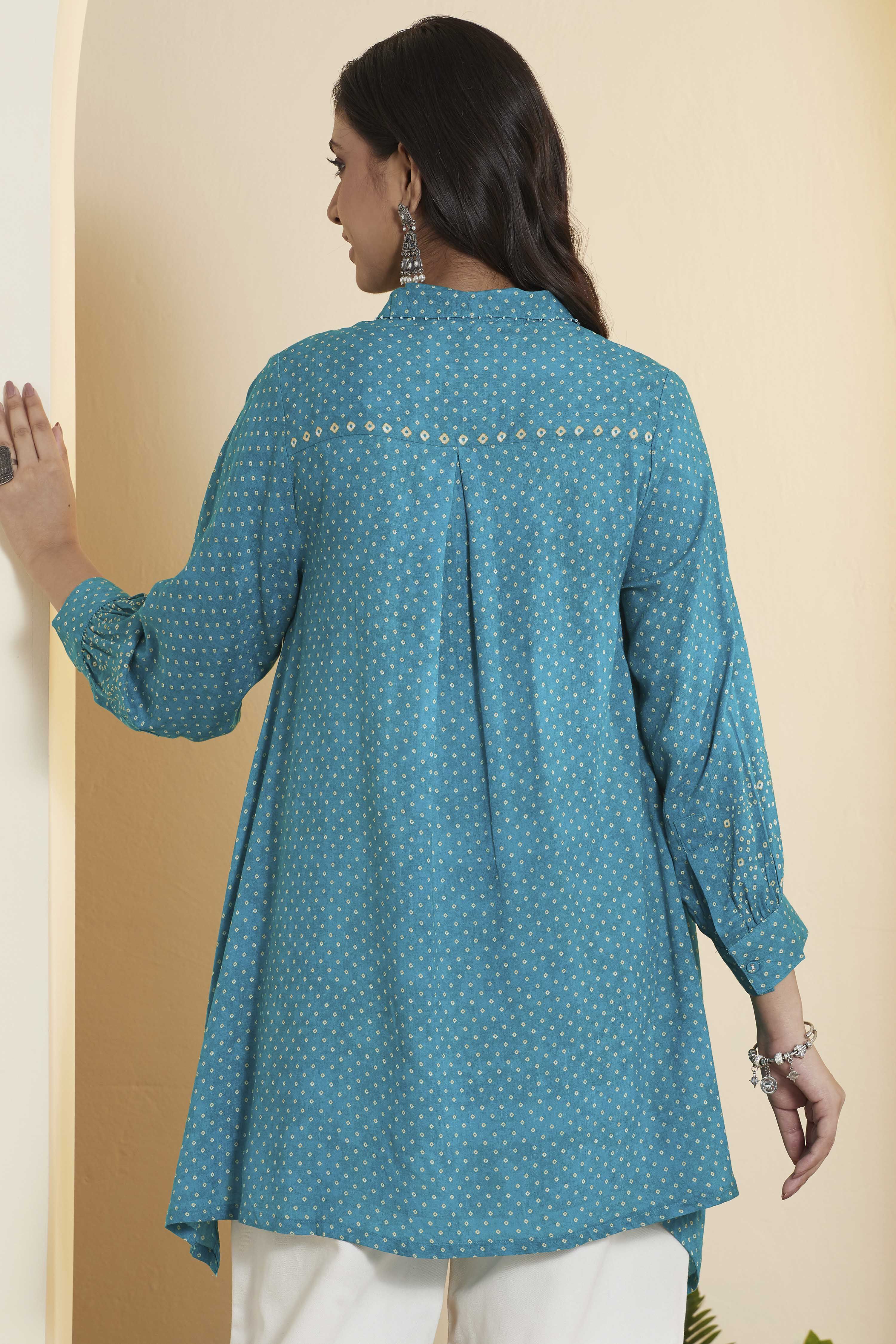 Sea Green Viscose Rayon Asymmetric Short Kurti image number 5