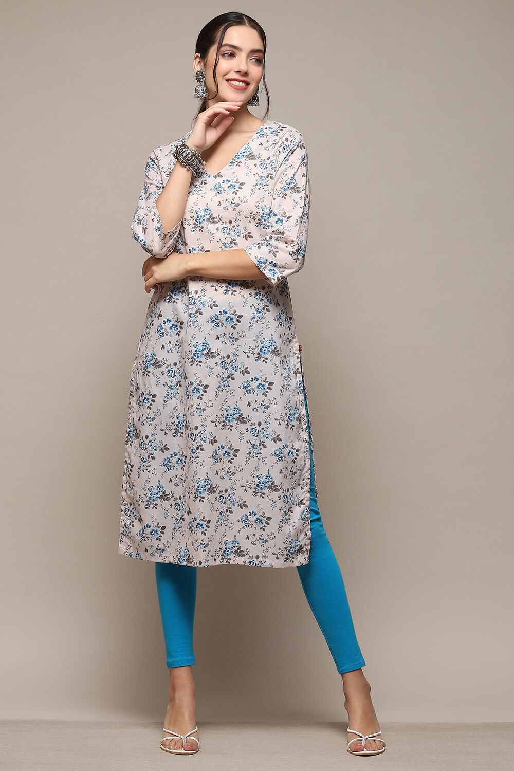 Cream Cotton Blend Floral Printed Straight Kurta image number 0