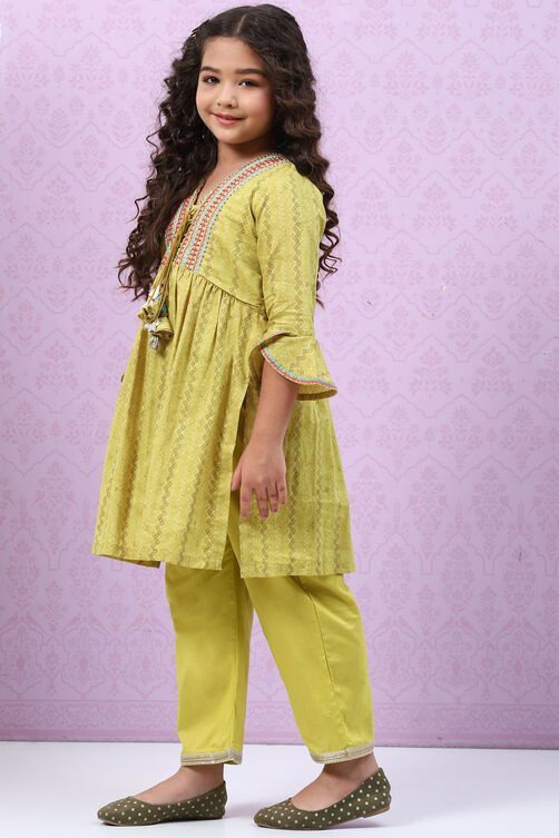 Olive Green Cotton A-Line Printed Kurta Set image number 3