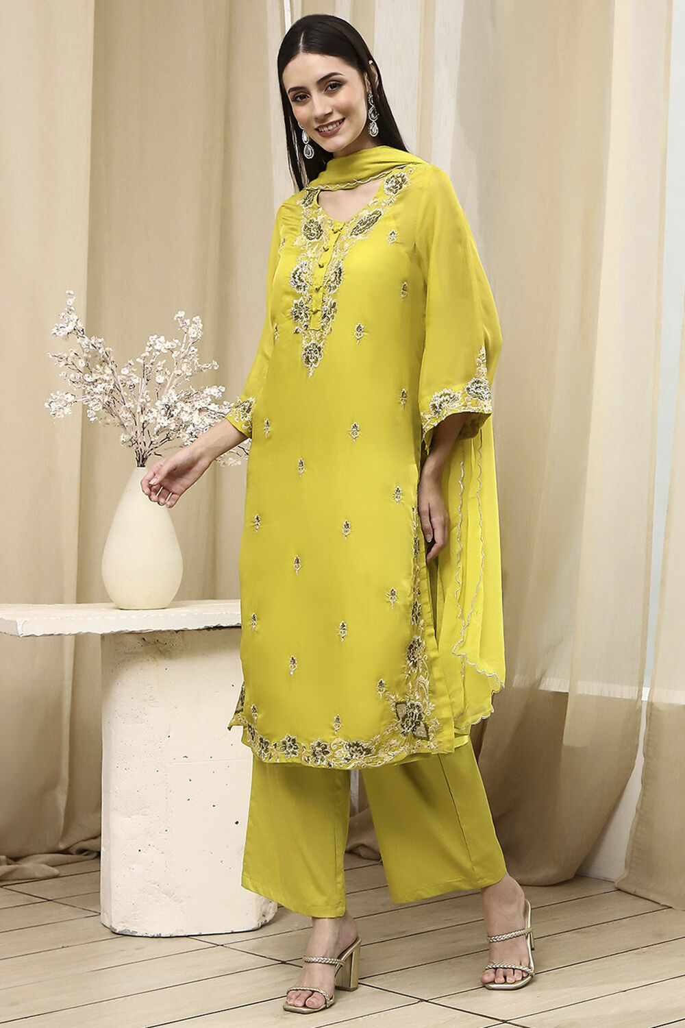 Lime Green Embroidered Straight Suit Set image number 0