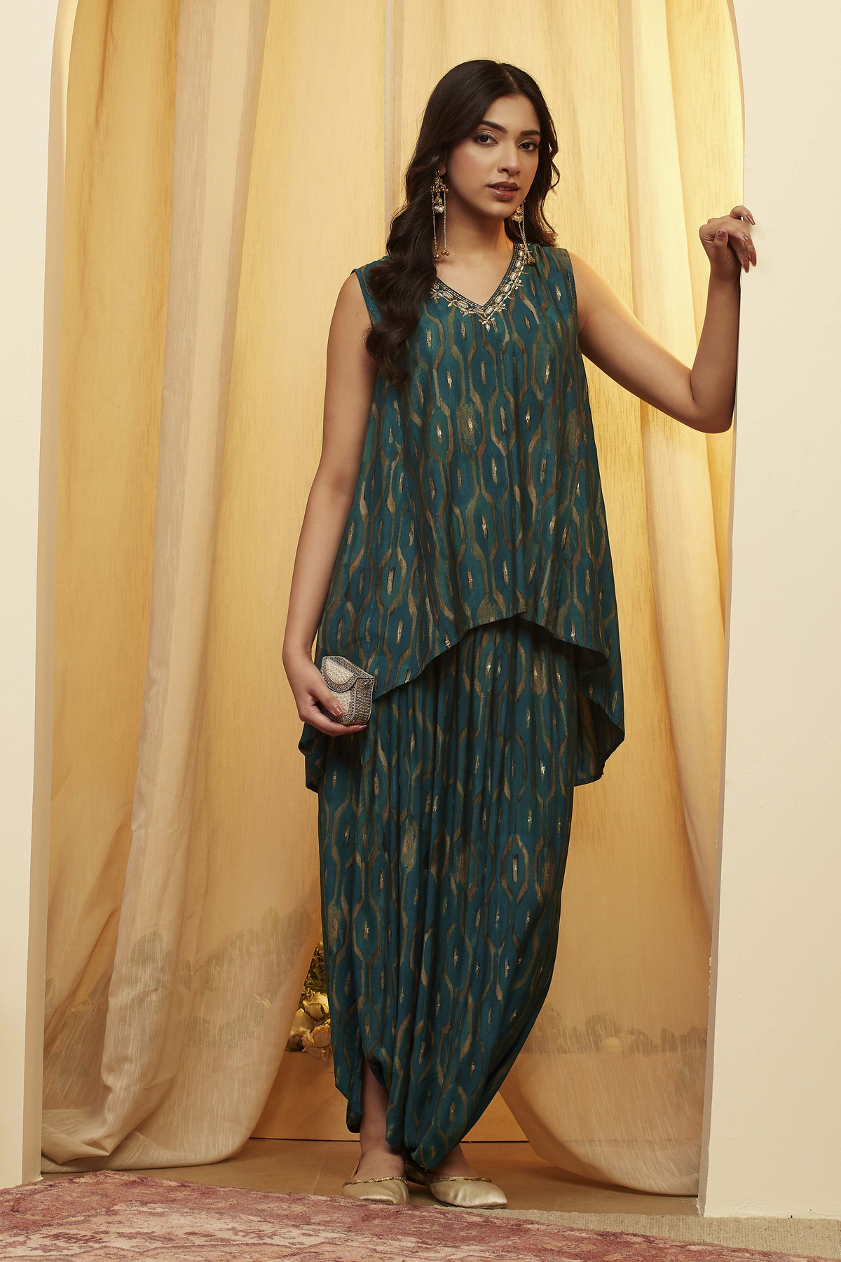 Teal Viscose Blend Straight Kurta Pants Set