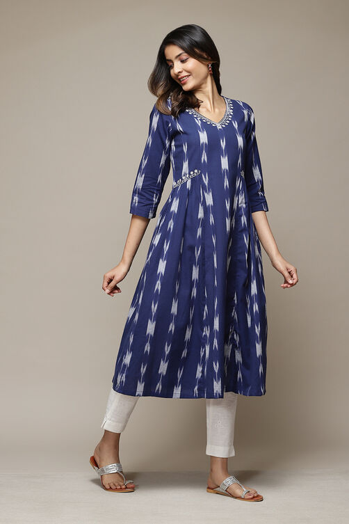 Navy Cotton IKAT Straight Yarndyed Kurta image number 0